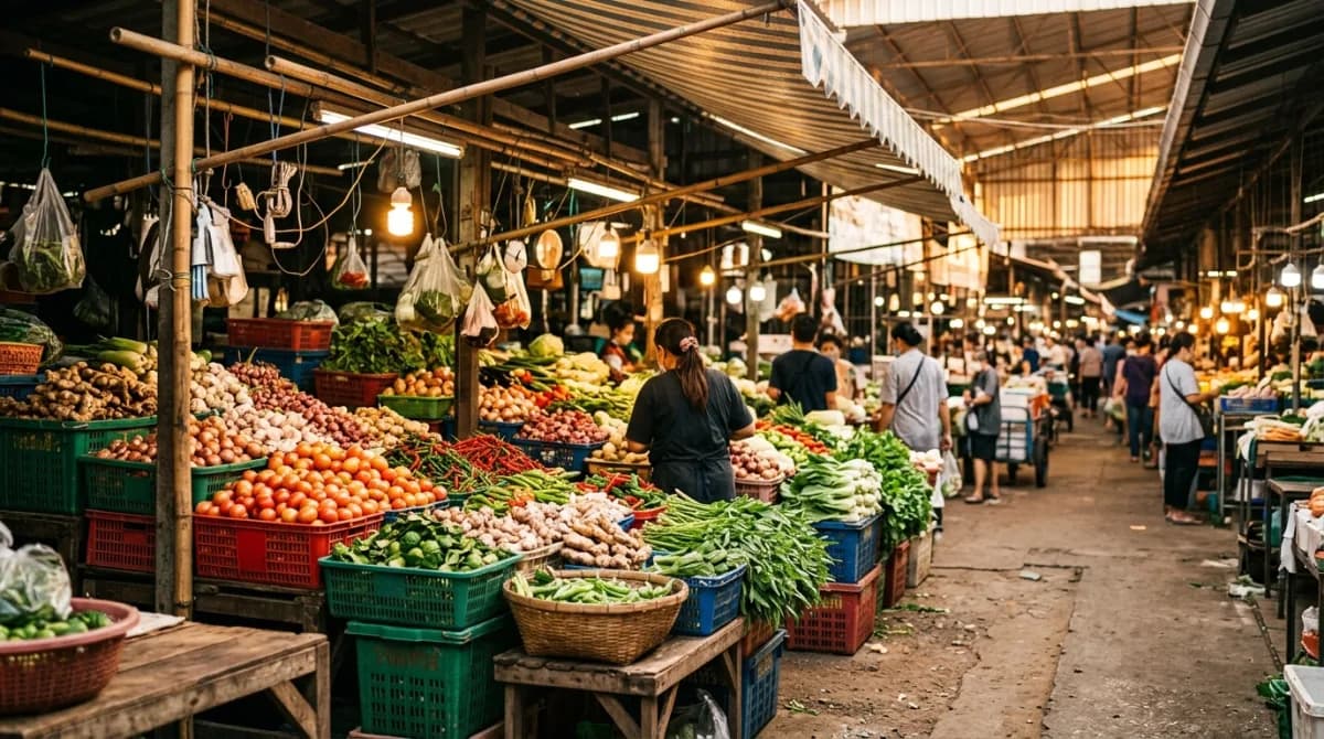 แผงขายผักและสินค้าสดในตลาดขายส่งกรุงเทพ