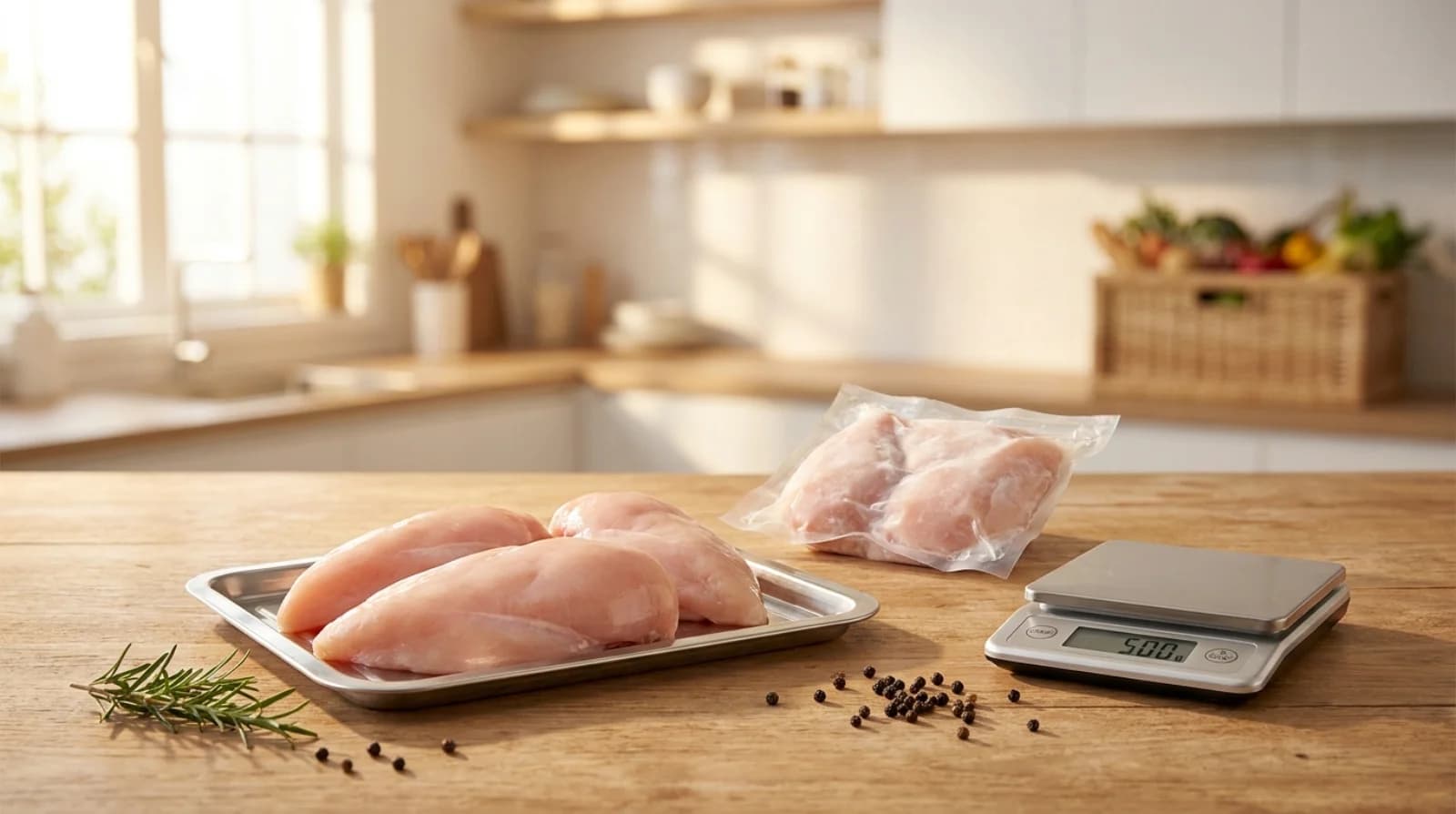 อกไก่สดวางบนถาดสแตนเลสในตลาดและบรรจุภัณฑ์แช่แข็งจาก Makro พร้อมตาชั่งดิจิทัล