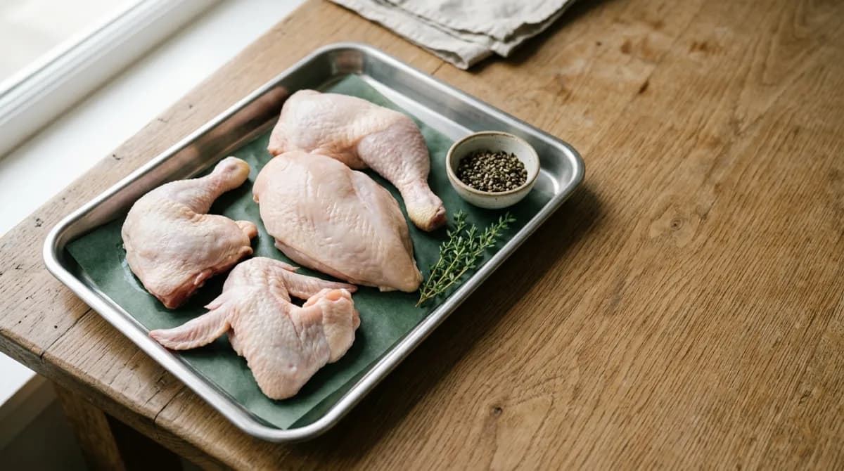 อกไก่ น่อง สะโพก ปีกไก่สดวางบนถาดสแตนเลส