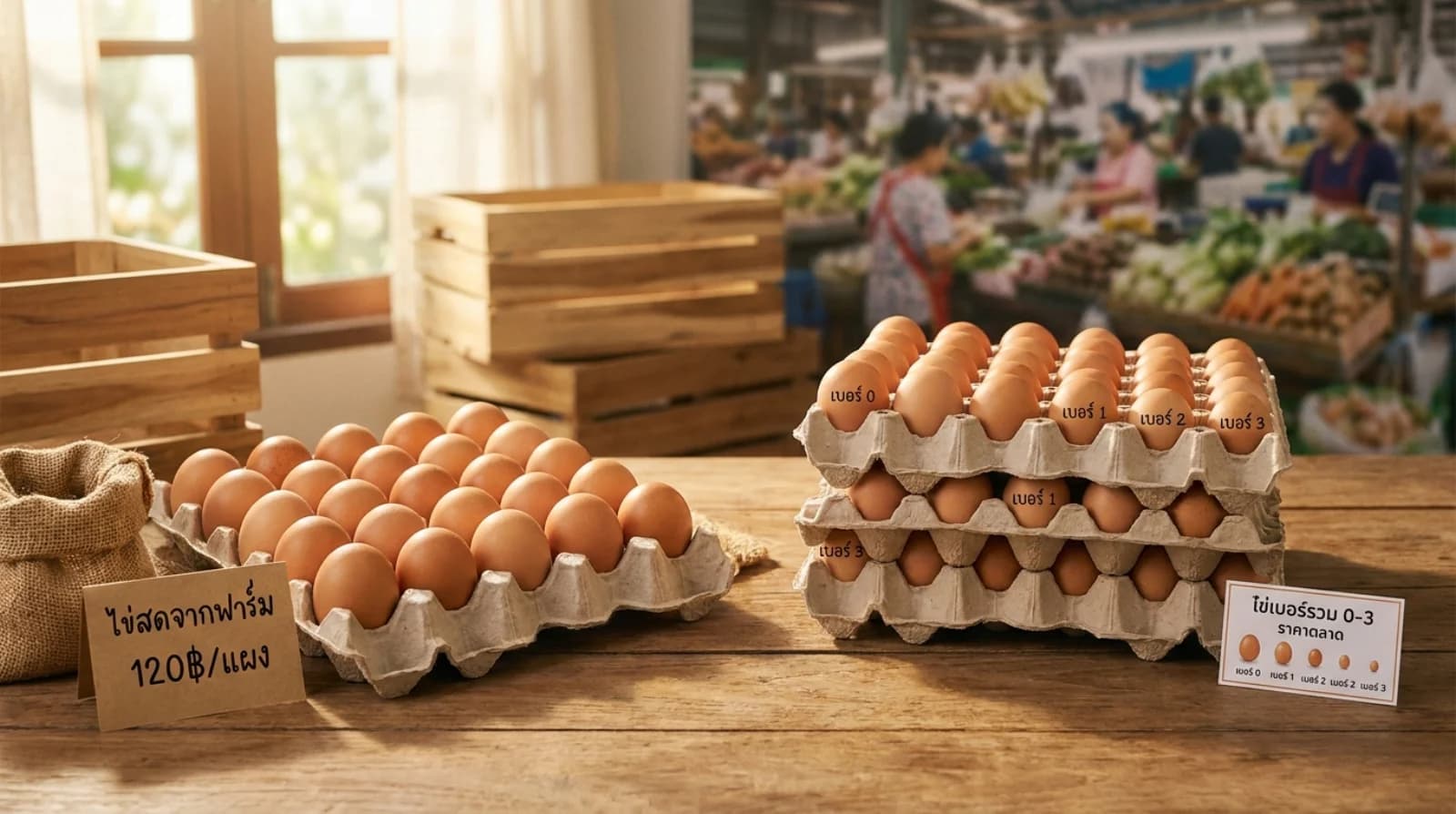 แผงไข่ไก่ 30 ฟองหลายเบอร์เรียงในฟาร์มและในตลาดสดพร้อมป้ายราคาเปรียบเทียบ