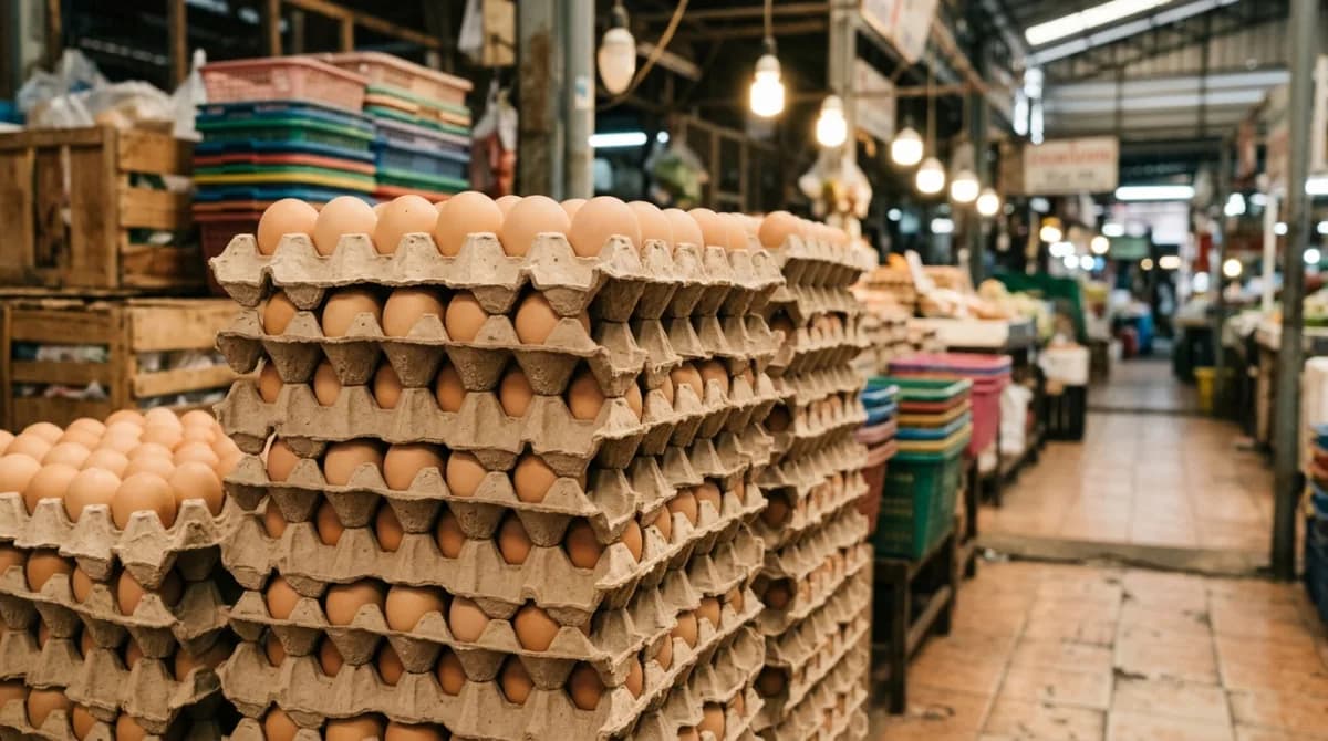 แผงไข่ไก่กระดาษหลายชั้นวางขายในตลาดขายส่งตลาดไท