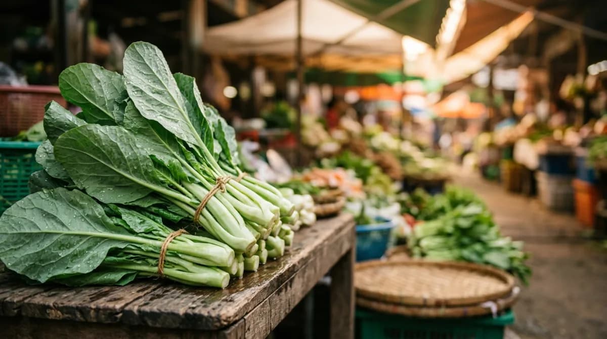 คะน้าสดใบเขียวก้านขาวมัดด้วยเชือกวางบนโต๊ะไม้ในตลาดสดไทย