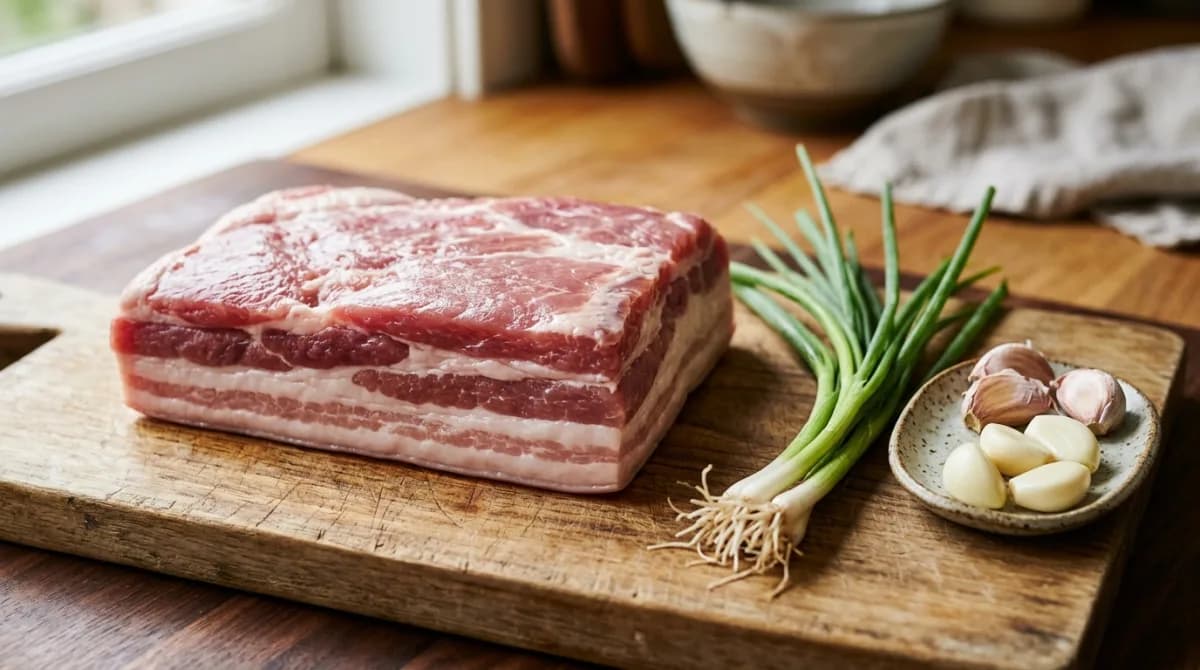 หมูสามชั้นสดเห็นชั้นเนื้อแดงสลับมันขาวบนเขียงไม้