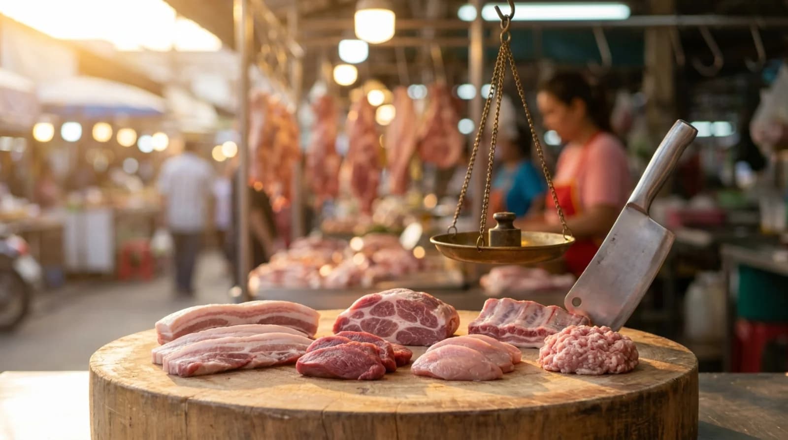 แผงเขียงหมูในตลาดสดไทย เนื้อหมูแดงสด สามชั้น สันคอวางบนเขียงไม้กับมีดและตาชั่ง