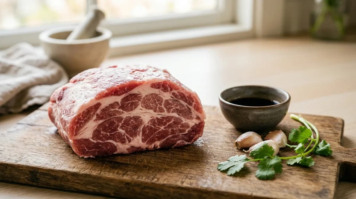 หมูสันคอสดมีลายไขมันแทรกบนเขียงไม้