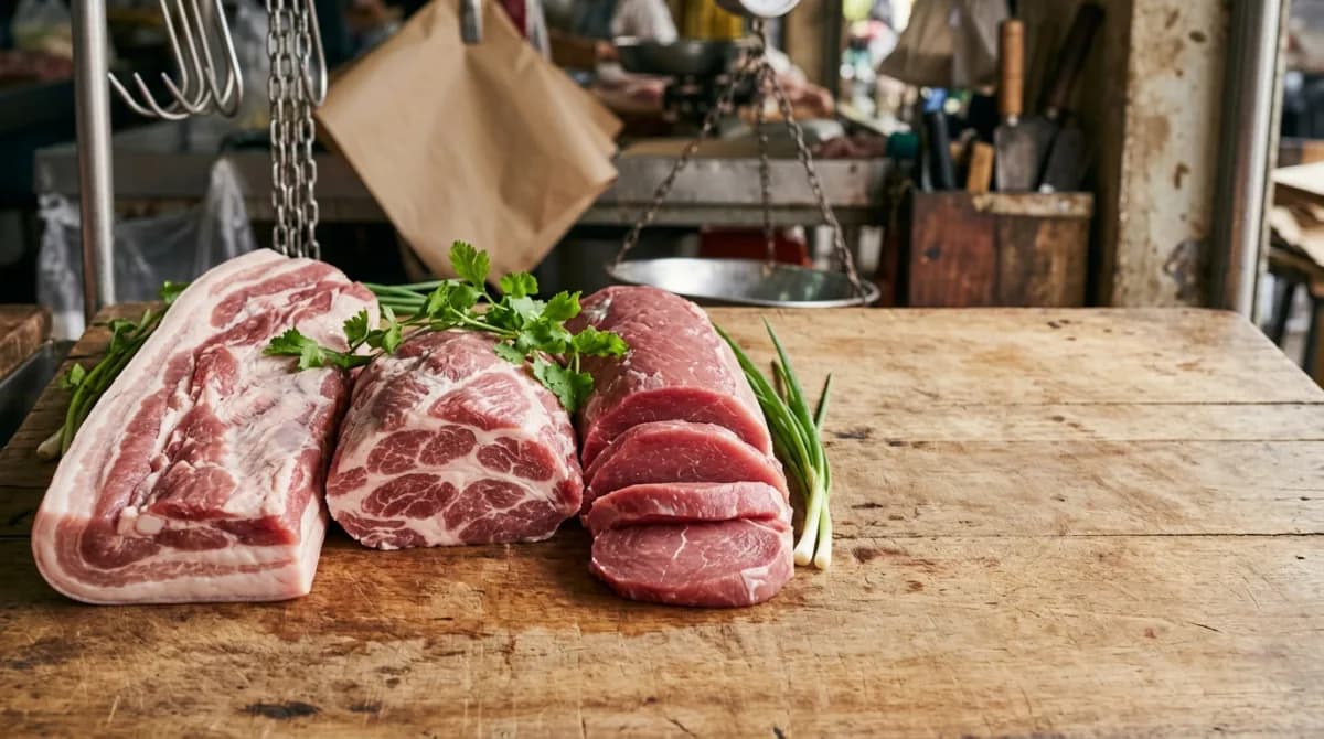 เนื้อหมูสด หมูสามชั้น สันคอ เนื้อแดง วางบนเขียงไม้ในตลาดสดไทย