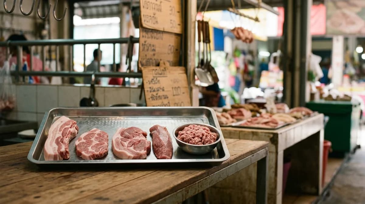 เนื้อหมูสดหลายส่วนวางบนถาดสแตนเลสในตลาดสดไทย