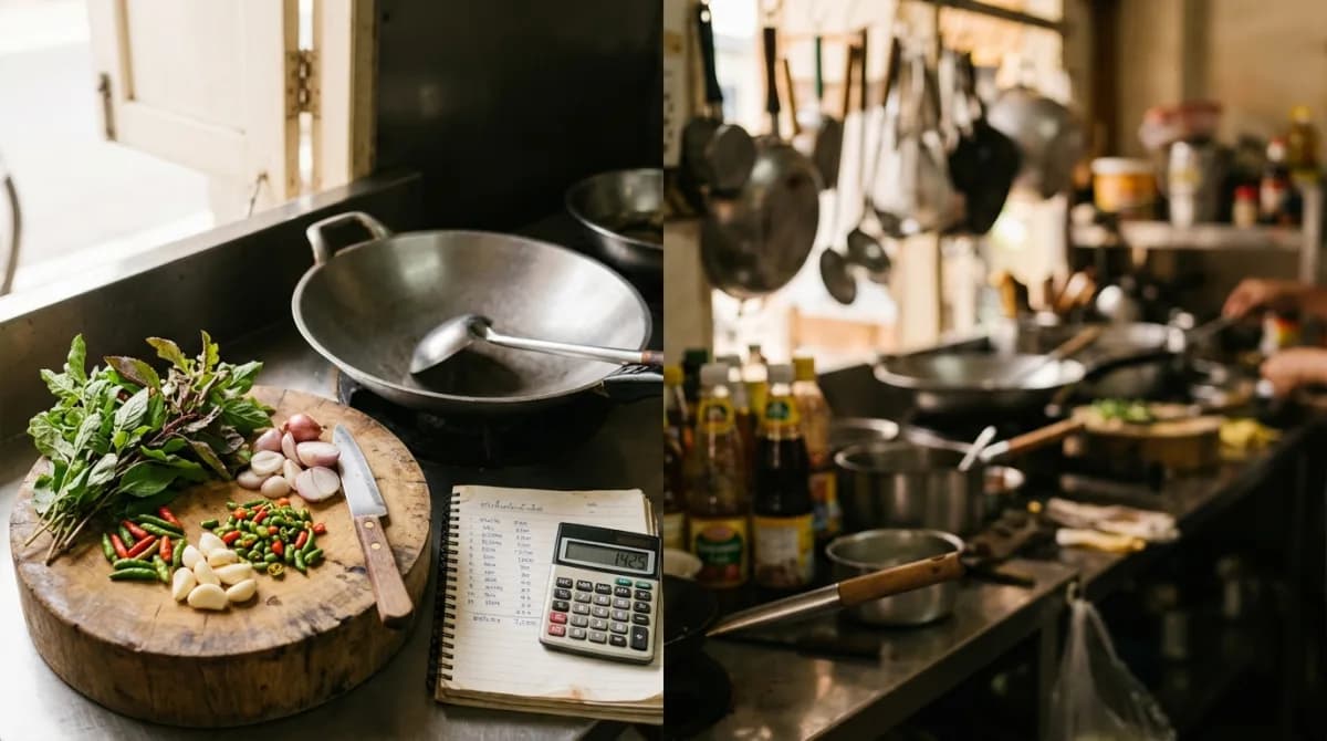 ครัวร้านอาหารไทยพร้อมเขียงไม้ ผัก กระทะเหล็ก สมุดบันทึกต้นทุนและเครื่องคิดเลข