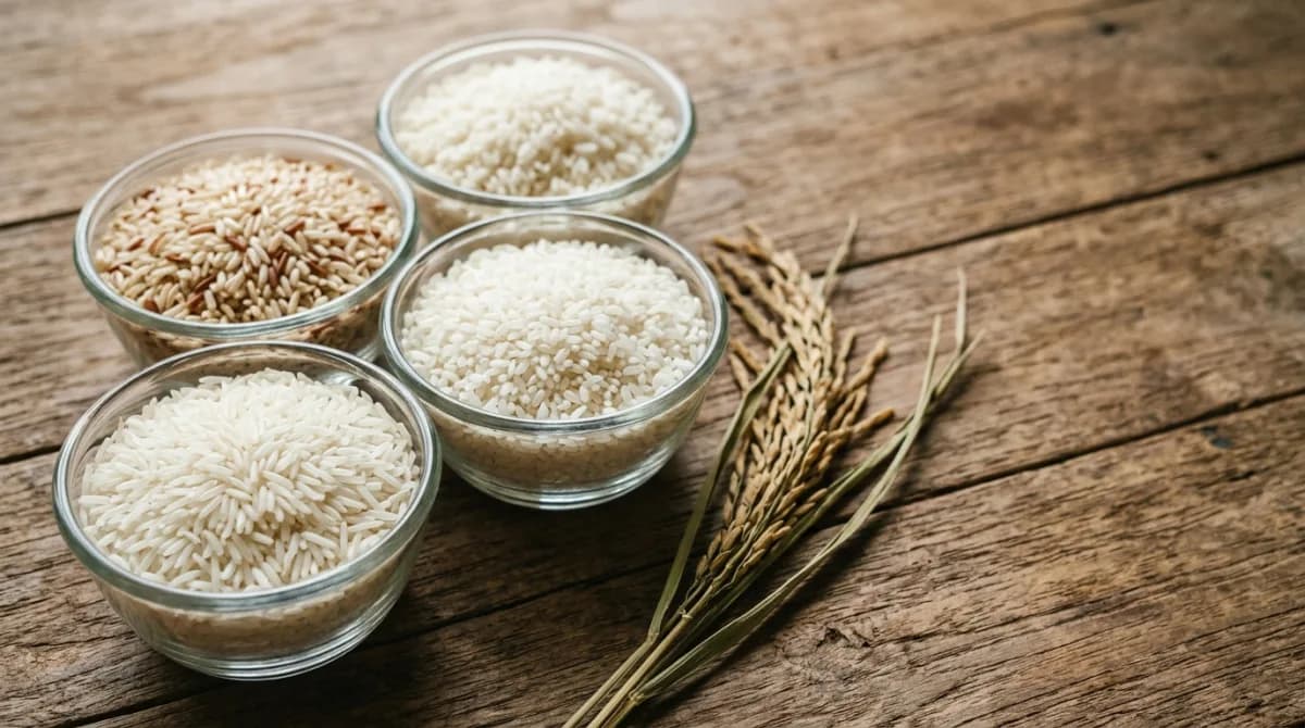 ข้าวสารหลายชนิดในชามแก้ว ข้าวหอมมะลิ ข้าวขาว ข้าวกล้อง ข้าวเหนียว