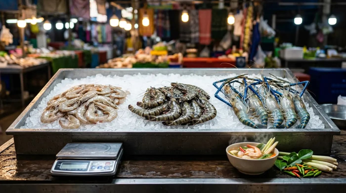 กุ้งขาว กุ้งกุลาดำ กุ้งแม่น้ำสดวางบนน้ำแข็งบดที่ตลาดมหาชัย พร้อมจานต้มยำกุ้งและตาชั่งดิจิทัล