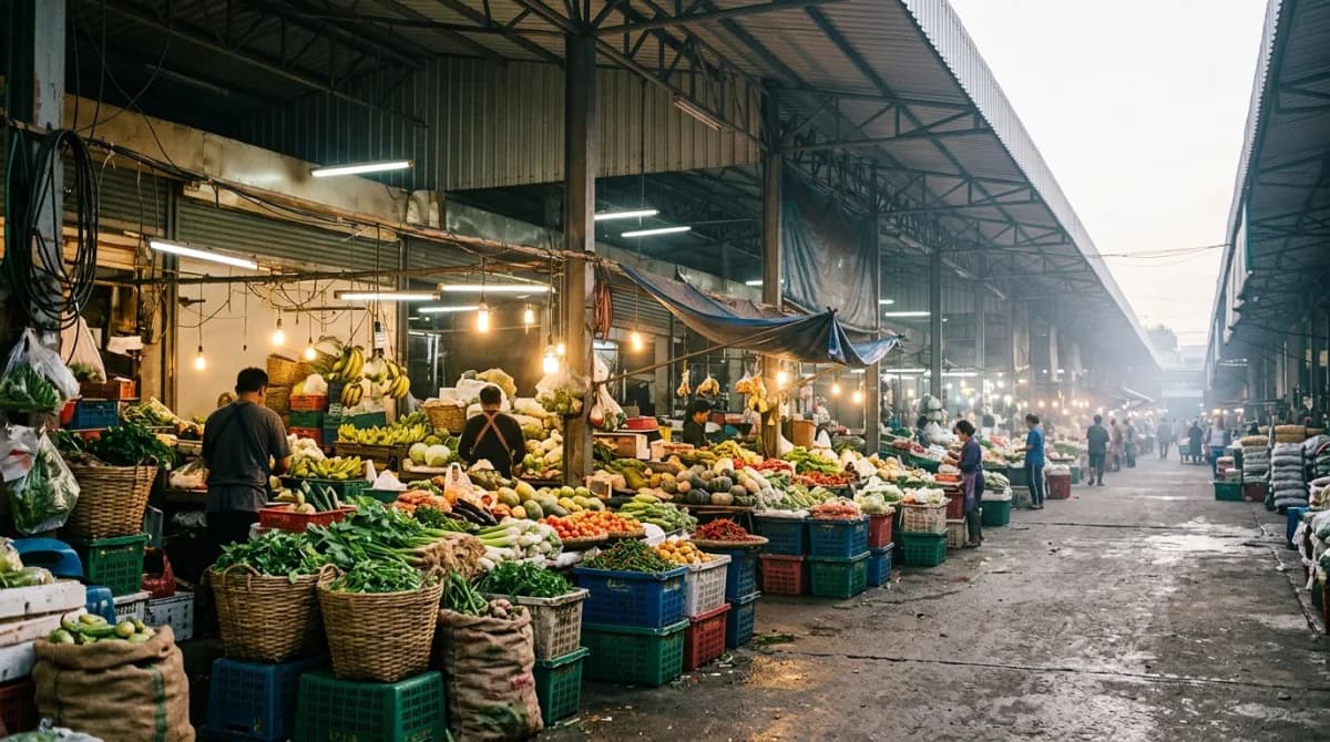 ภาพรวมตลาดขายส่งกรุงเทพยามรุ่งอรุณ แผงผักผลไม้และตะกร้าไม้ไผ่