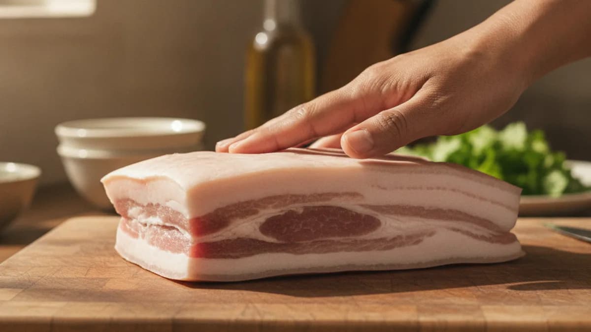 วิธีเลือกหมูสามชั้นทำหมูกรอบ เลือกชิ้นติดหนังหนาสม่ำเสมอ ชั้นมันกลางๆ และเนื้อแน่นสำหรับทอดให้กรอบฟู