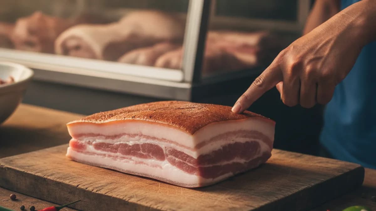 วิธีเลือกหมูสามชั้นทำหมูกรอบ ดูหนังหมู สีเนื้อ และความหนาก่อนซื้อ