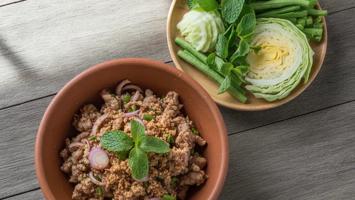 วิธีทำลาบอีสานให้อร่อยแบบร้านอาหาร จัดชามลาบหมูร้อนๆ พร้อมข้าวคั่ว หอมแดงซอย และผักเคียง