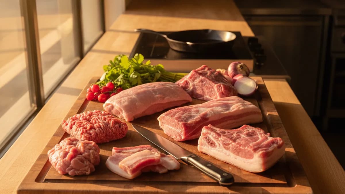 หมูปิ้งโบราณใช้หมูส่วนไหน ภาพเปรียบเทียบชิ้นหมูสันคอ สะโพก และหมูเนื้อแดงบนเขียงก่อนเสียบไม้