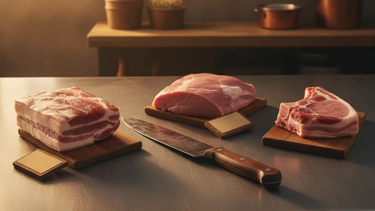 สเต็กใช้หมูส่วนไหน เปรียบเทียบสันนอกหมู สันในหมู และสันคอหมูบนเขียงในครัวร้านอาหารไทย