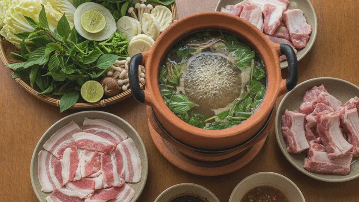 หมูสามชั้น ตับหมู และซี่โครงหมูสำหรับจิ้มจุ่มบนโต๊ะอาหารไทย