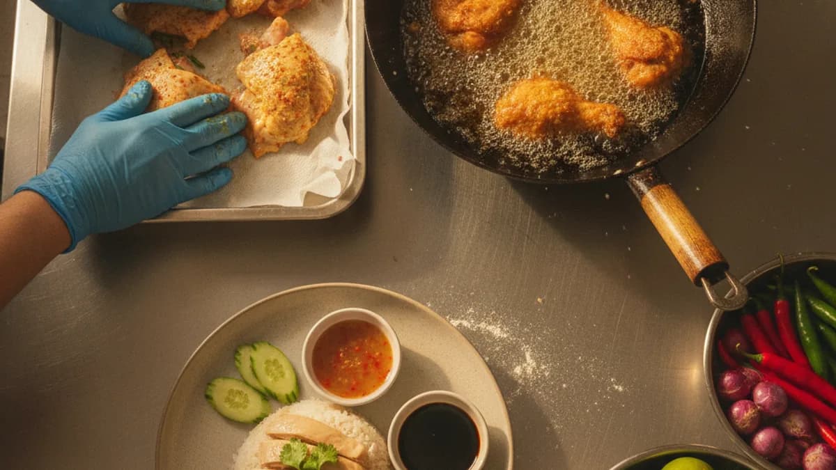 วิธีเลือกและเตรียมไก่ให้ข้าวมันไก่ทอดอร่อยขึ้น ภาพไก่ก่อนทอด การซับน้ำ หมัก และทอดจนหนังกรอบ