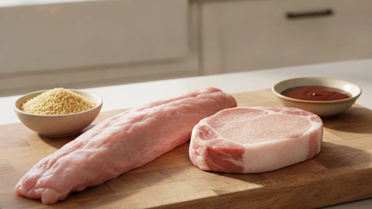 หมูสันนอกและหมูสันในสำหรับหมูทอดทงคัตสึ วางคู่กันบนเขียงในครัวร้านอาหาร