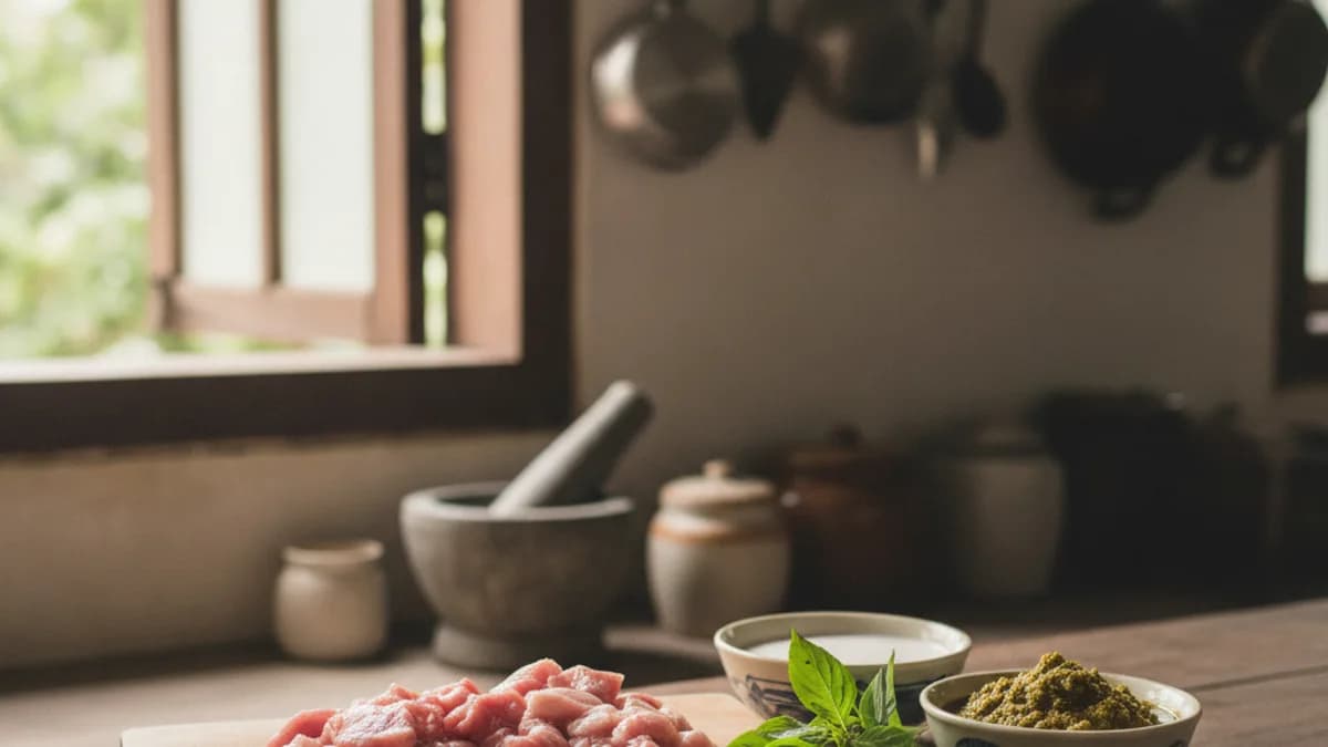 วิธีเลือกหมูหั่นชิ้นสำหรับแกงเขียวหวานหมู หมูหั่นพอดีคำ เครื่องแกงและกะทิบนโต๊ะครัวไทย