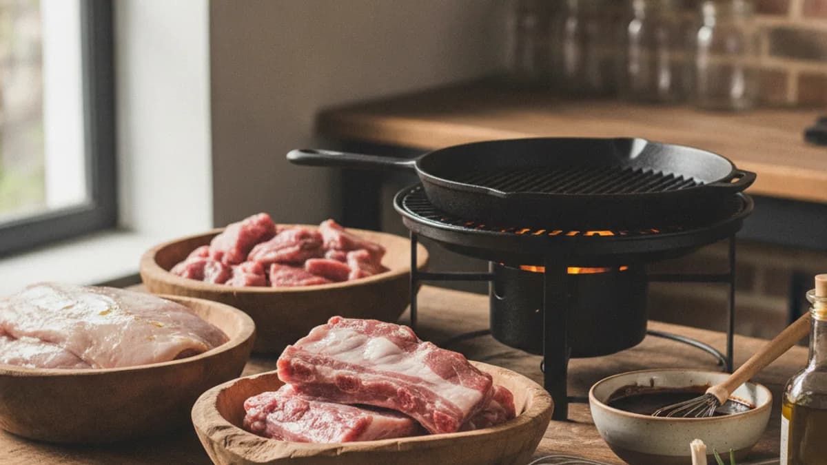 ย่างหมูส่วนไหนอร่อย เปรียบเทียบหมูสันในย่าง ซี่โครงหมูย่าง และหมูเนื้อแดงบนโต๊ะครัวร้านอาหาร