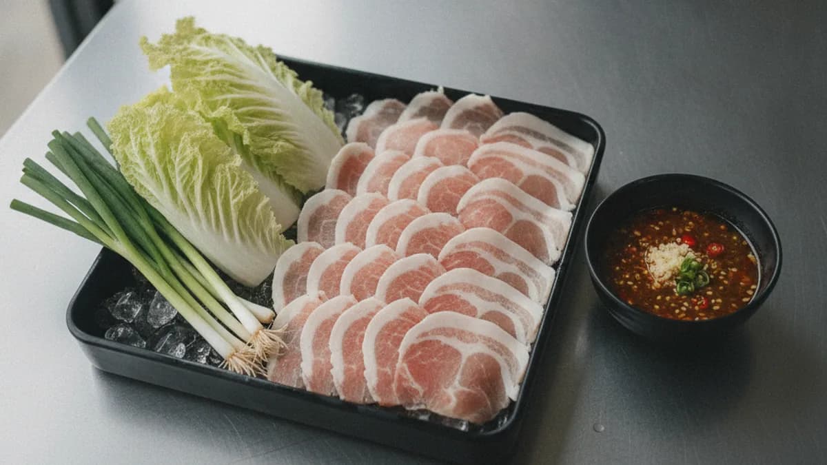 หมูสไลซ์สำหรับสุกี้ใช้หมูส่วนไหน วางเรียงบนถาดแช่เย็นพร้อมผักสดสำหรับขายหน้าร้าน