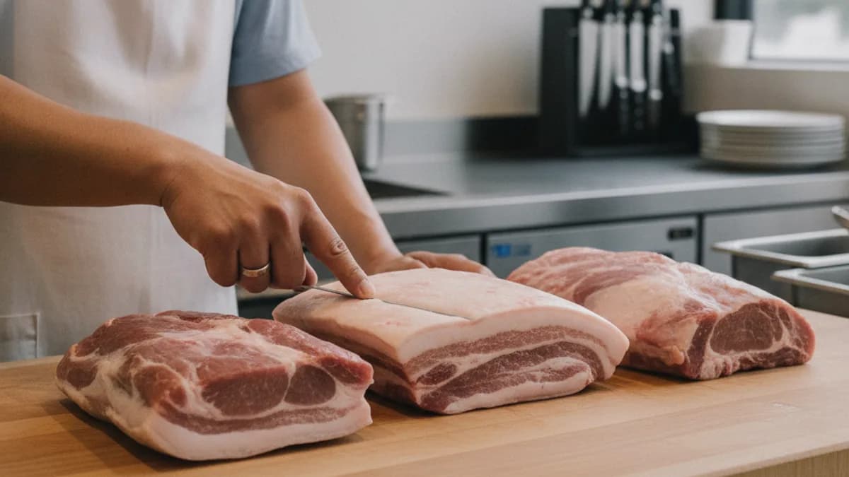 วิธีเลือกหมูทำหมูแดงใช้หมูส่วนไหนสำหรับร้านอาหารและงานขาย หมูสันคอ หมูสามชั้น หมูสะโพกวางบนเขียงในครัวจริง