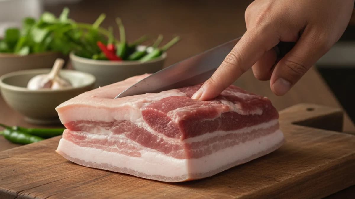 หมูกรอบใช้หมูส่วนไหน ภาพหมูสามชั้นสดที่เห็นชั้นหนัง มัน และเนื้อชัดเจนสำหรับเลือกทำหมูกรอบ