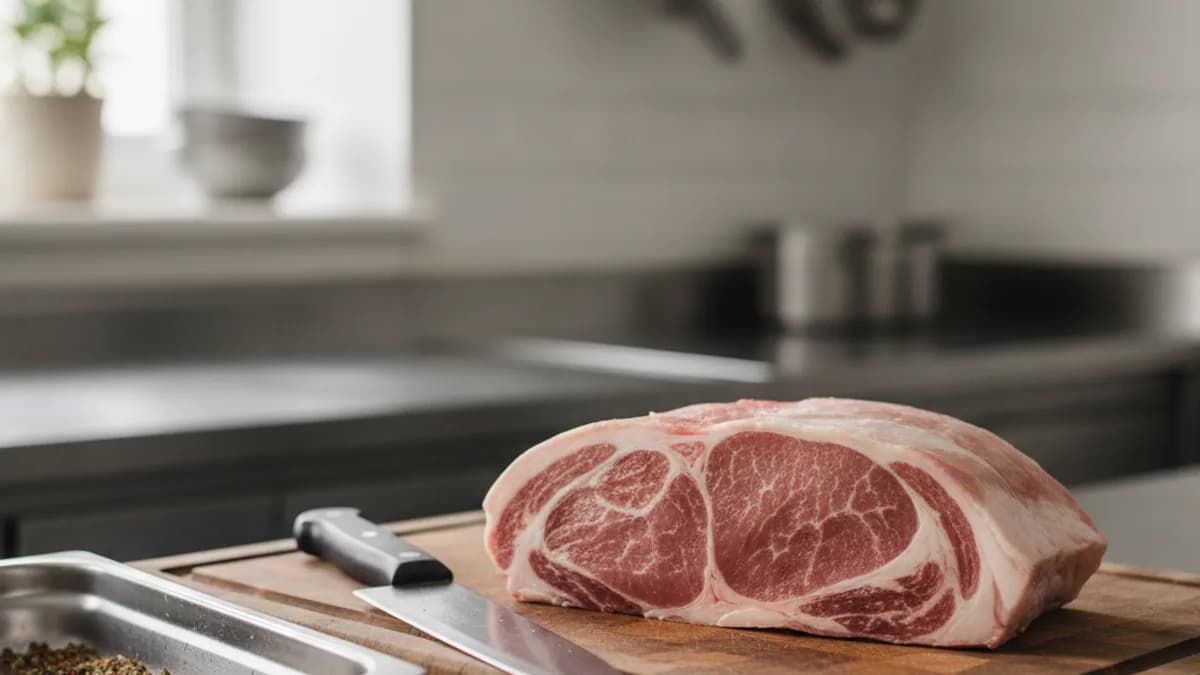 หมูสันคอสำหรับคอหมูย่าง ใช้หมูส่วนไหน วางบนเขียงพร้อมมันแทรกชัดเจน