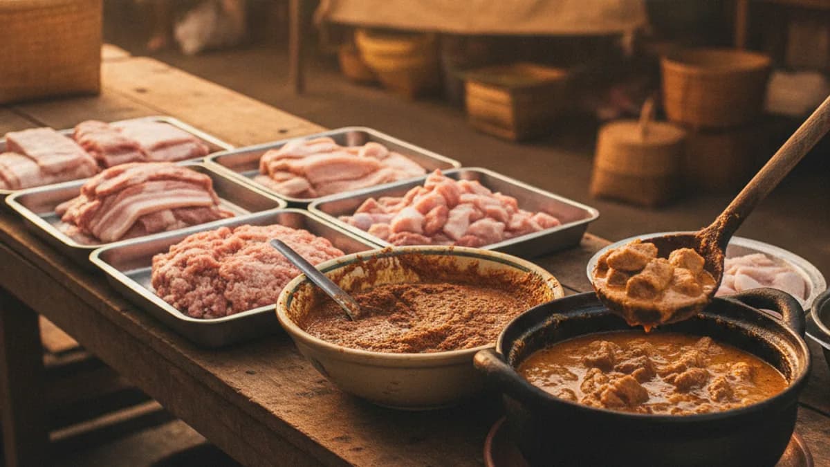 พะแนงหมู ใช้หมูส่วนไหน และตัวอย่างหมูที่เหมาะกับแกงกะทิอื่นๆ บนโต๊ะครัวร้านอาหารไทย