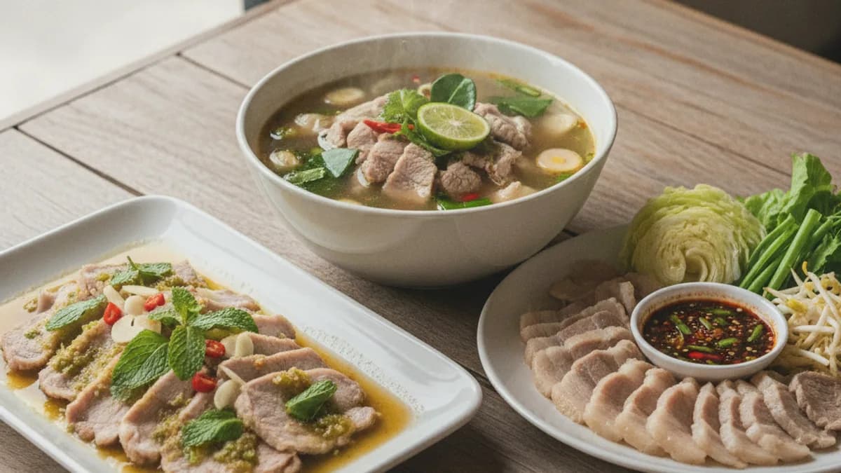 หมูมะนาว หมูต้มมะนาว และหมูลวกจิ้ม เสิร์ฟแบบร้านอาหารไทย ใช้หมูสไลซ์บางนุ่ม