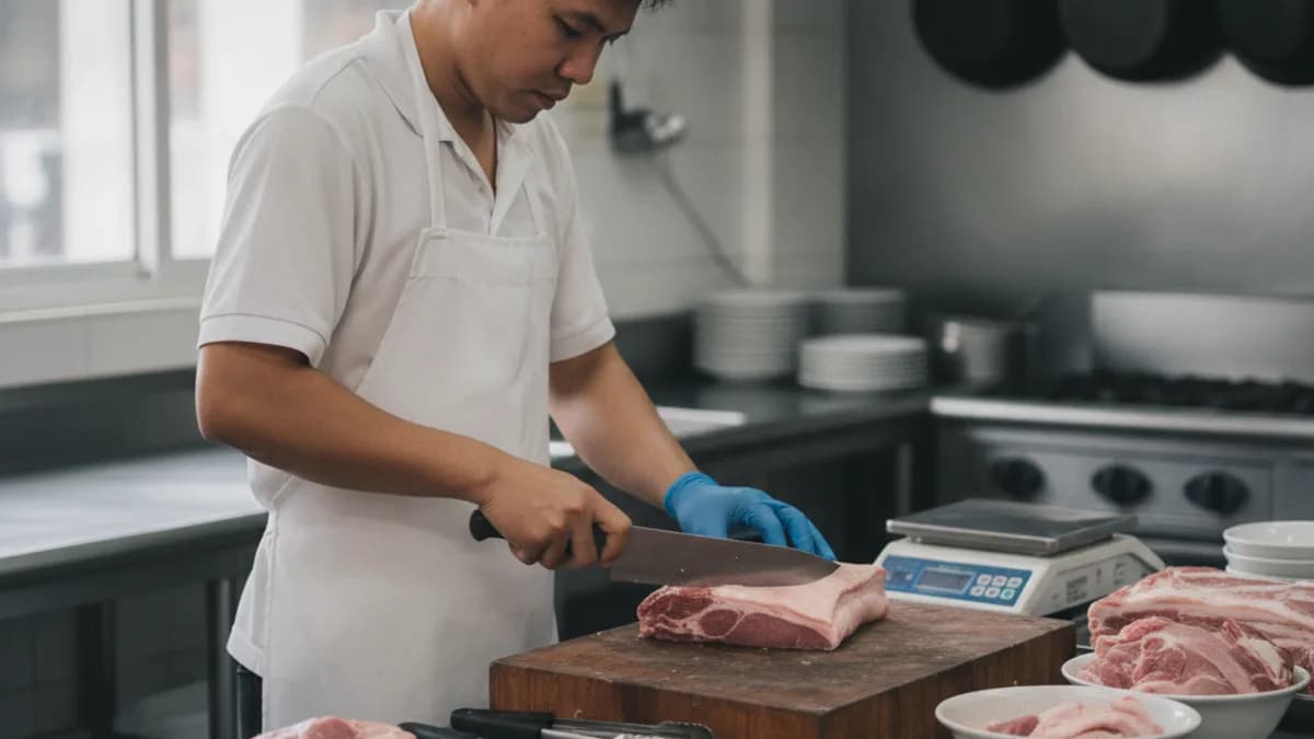 ราคาหมู กก ละกับต้นทุนร้านอาหาร การตัดแต่งหมูและชั่งน้ำหนักวัตถุดิบในครัวร้านอาหารไทย