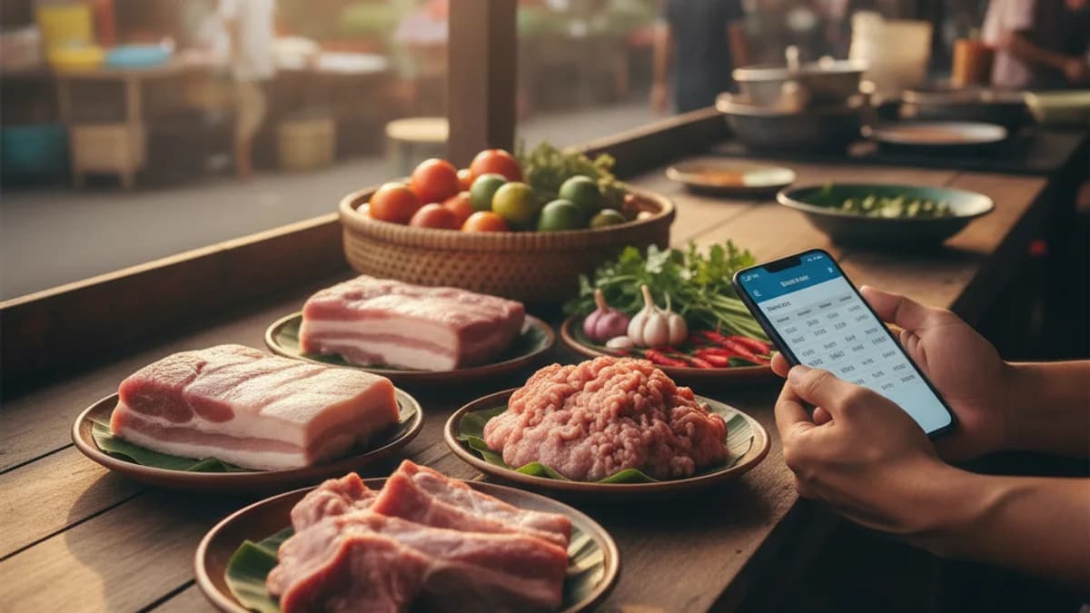 ภาพเปรียบเทียบราคาหมู กก ละจากหลายแหล่งขายบนหน้าจอมือถือกับวัตถุดิบหมูหลายส่วนวางบนโต๊ะครัวร้านอาหาร