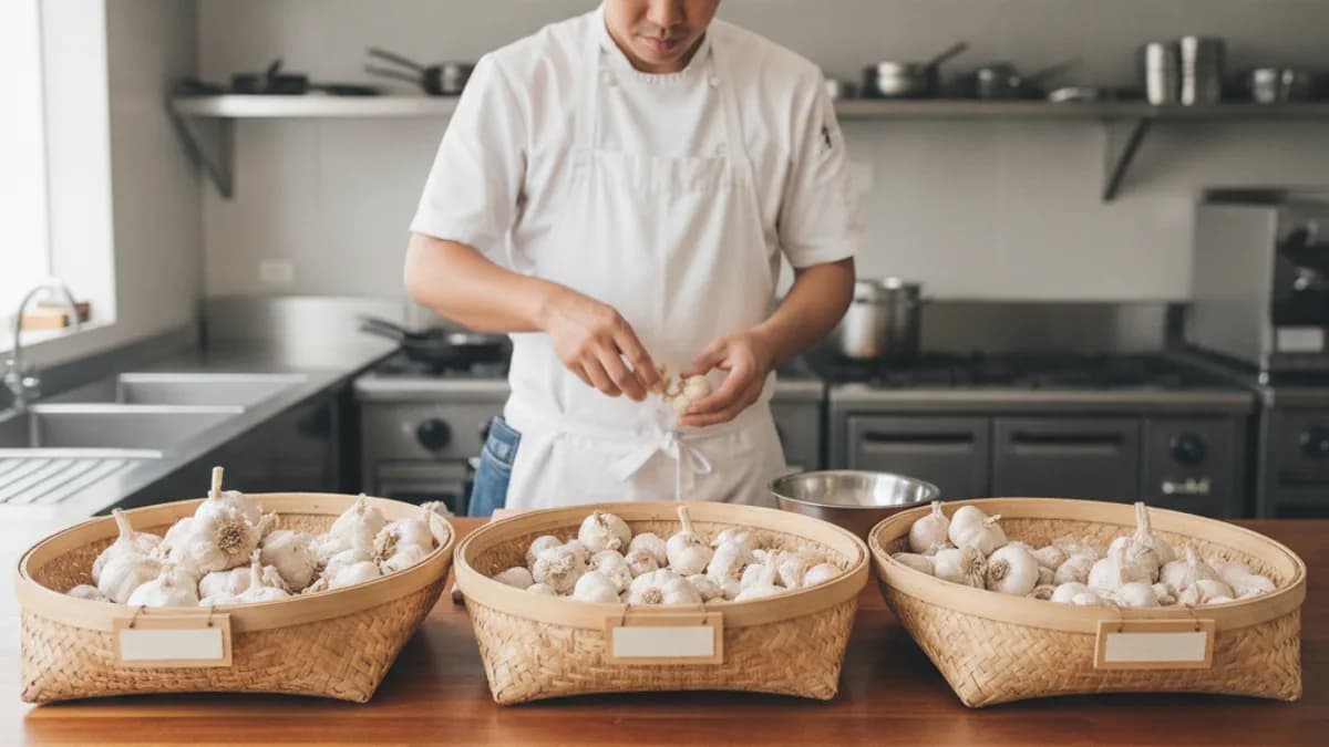 วิธีเก็บกระเทียมไม่ให้ขึ้นราในครัวร้านอาหาร การคัดแยกกระเทียมและจัดสต็อกอย่างเป็นระบบ