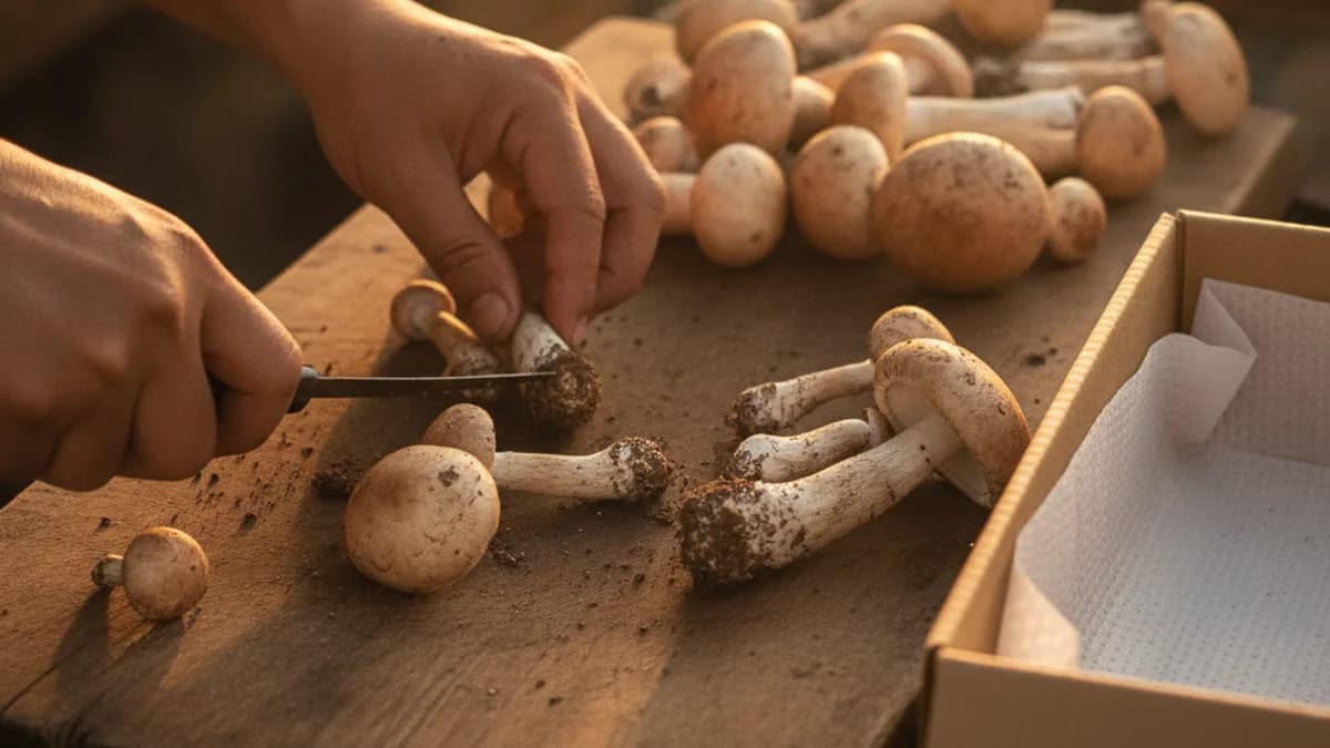วิธีเก็บเห็ดโคนในตู้เย็น เตรียมเห็ดก่อนแช่ให้ถูกวิธี คัดดอกเสีย ตัดแต่งโคน และซับให้แห้ง