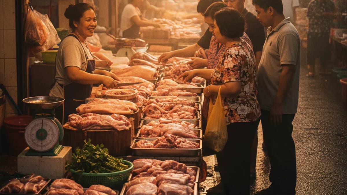 ตลาดไท ราคาหมูวันนี้ แผงหมูสดและพ่อค้าแม่ค้ากำลังคัดเลือกสินค้า