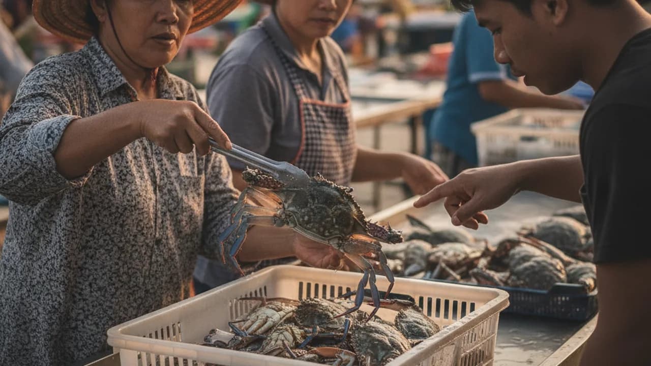 วิธีเลือกปูม้าให้สด ดูเปลือก ขา ก้าม และการเคลื่อนไหวที่ตลาดสด
