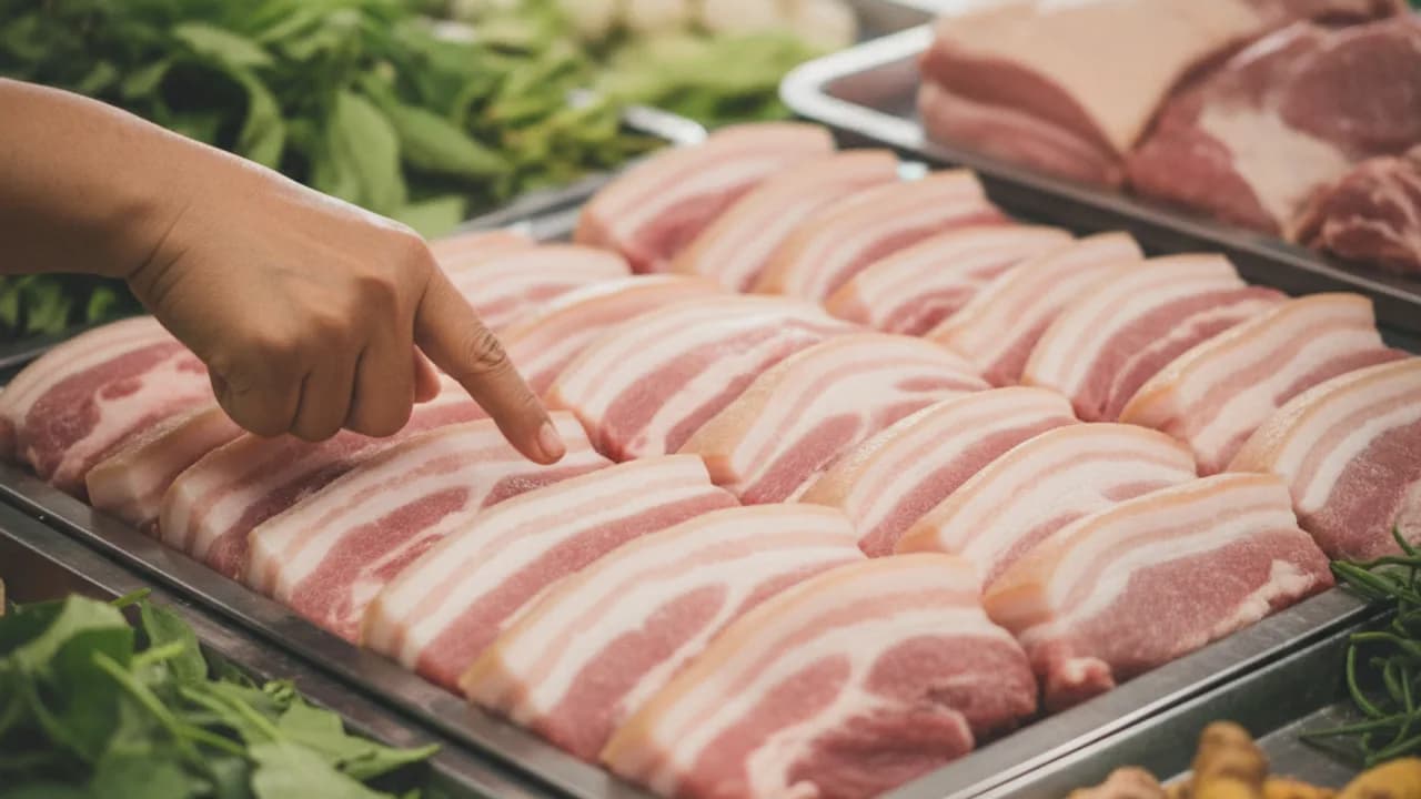 วิธีเลือกหมูสามชั้นทำหมูกรอบ เลือกชิ้นติดหนังหนาสม่ำเสมอ ชั้นมันกลางๆ และเนื้อแน่นสำหรับทอดให้กรอบฟู