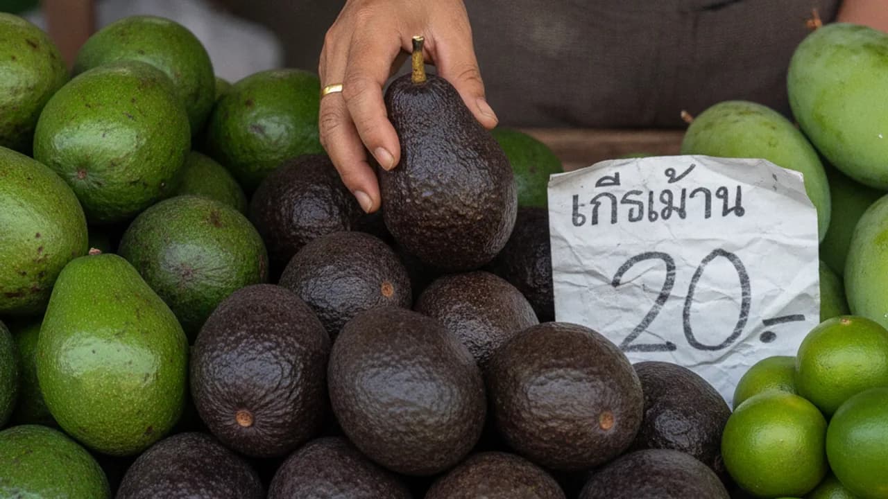 วิธีเลือกอะโวคาโดให้สุกกำลังดี ดูผิว ก้าน และน้ำหนักของผลอะโวคาโดในตลาดจริง