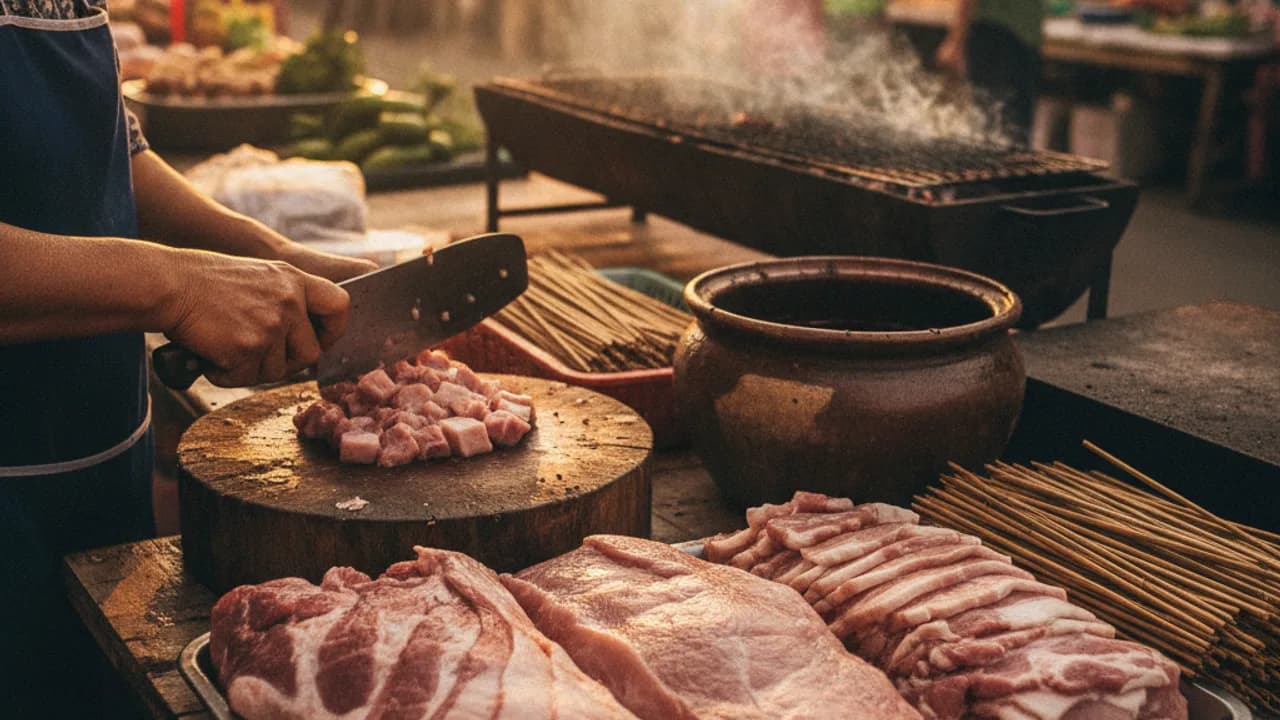 หมูปิ้งโบราณใช้หมูส่วนไหน ภาพเปรียบเทียบชิ้นหมูสันคอ สะโพก และหมูเนื้อแดงบนเขียงก่อนเสียบไม้