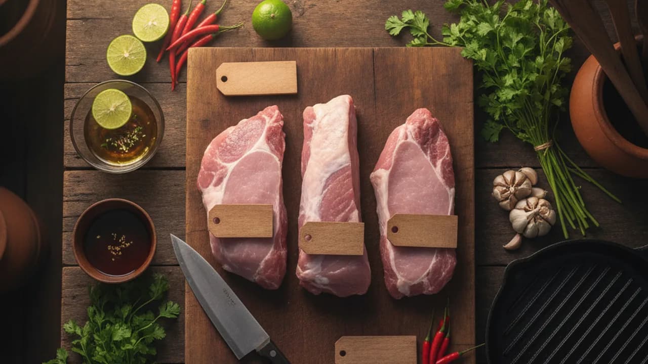 สเต็กใช้หมูส่วนไหน เปรียบเทียบสันนอกหมู สันในหมู และสันคอหมูบนเขียงในครัวร้านอาหารไทย