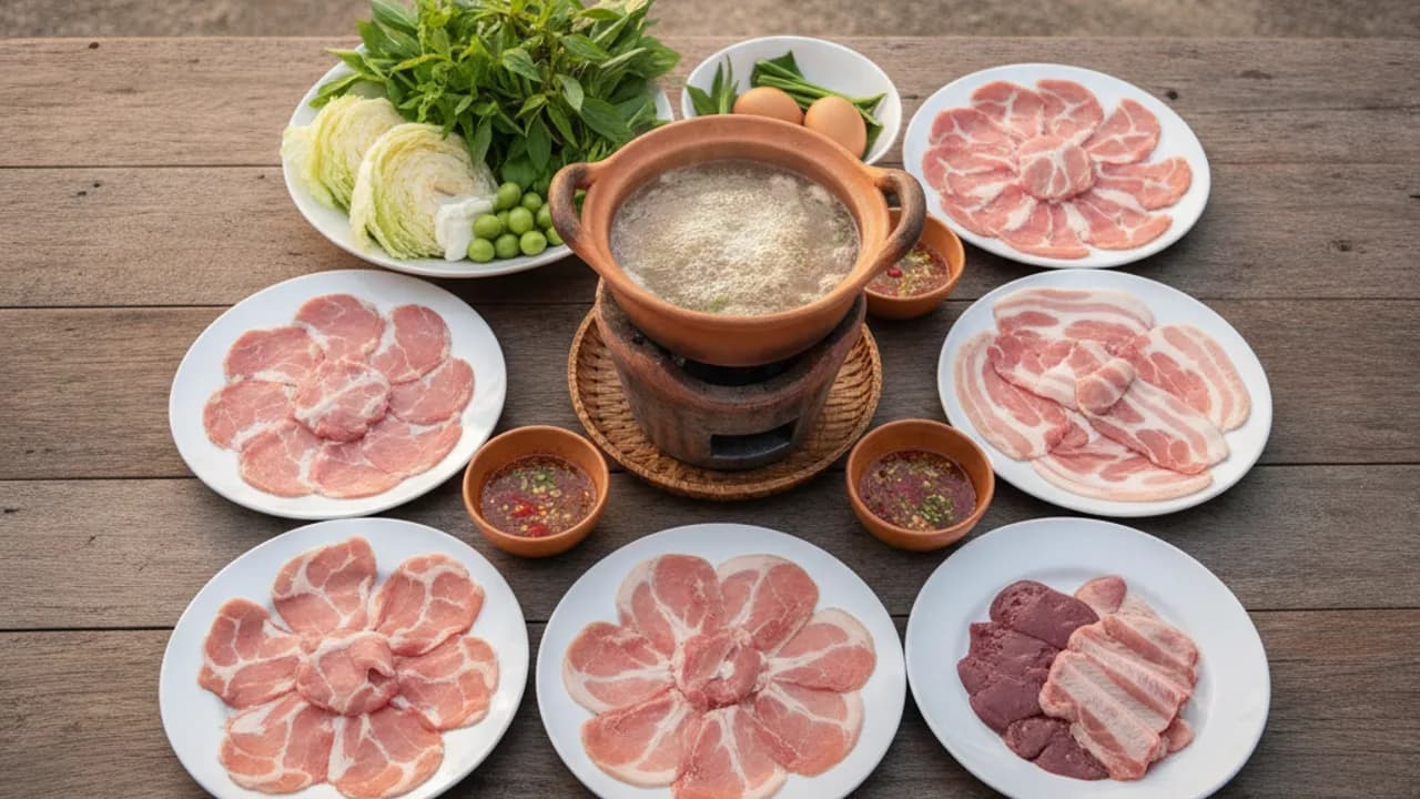 หมูสามชั้น ตับหมู และซี่โครงหมูสำหรับจิ้มจุ่มบนโต๊ะอาหารไทย