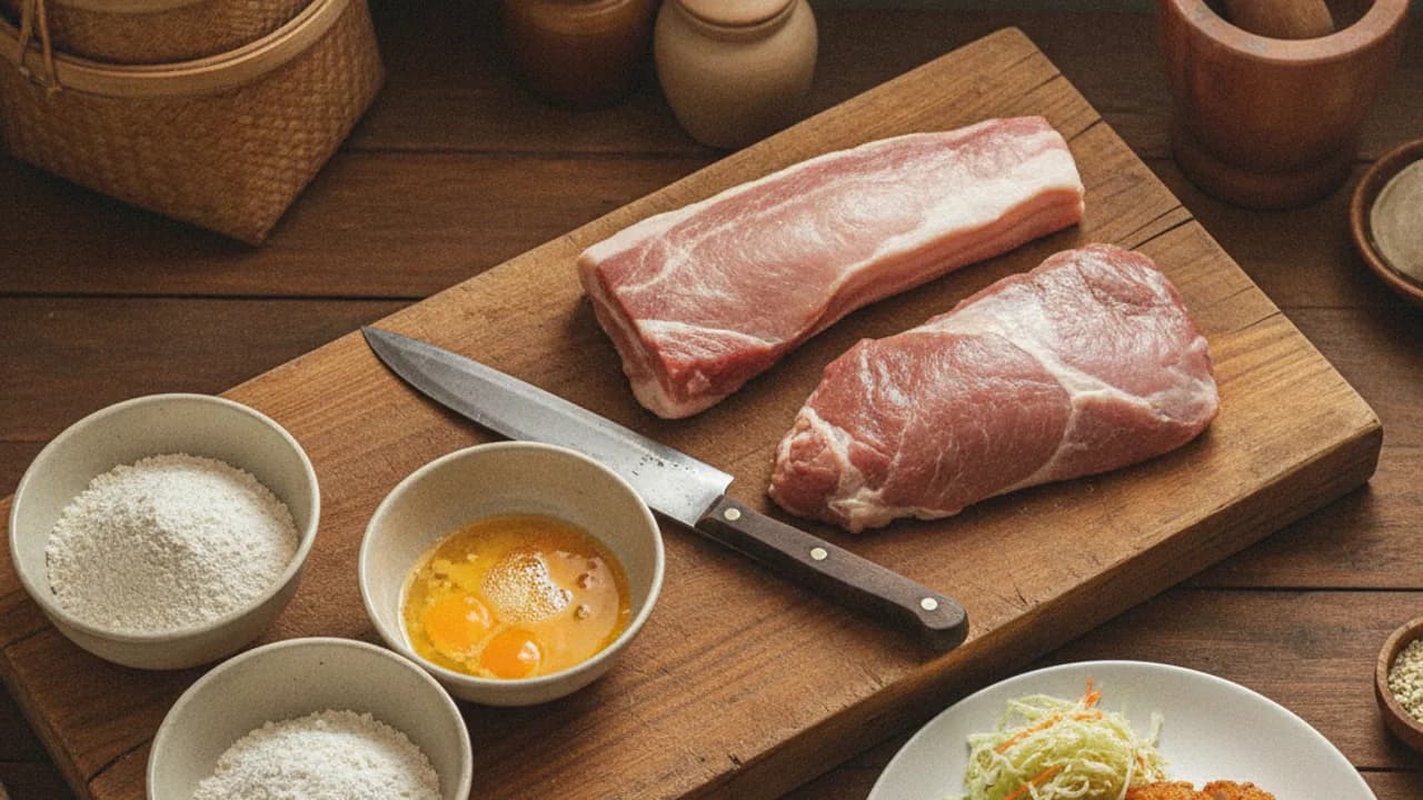 หมูสันนอกและหมูสันในสำหรับหมูทอดทงคัตสึ วางคู่กันบนเขียงในครัวร้านอาหาร