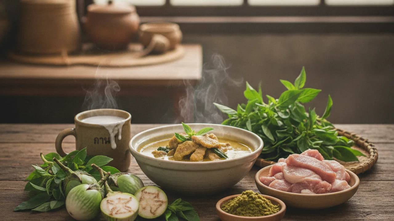 วิธีเลือกหมูหั่นชิ้นสำหรับแกงเขียวหวานหมู หมูหั่นพอดีคำ เครื่องแกงและกะทิบนโต๊ะครัวไทย