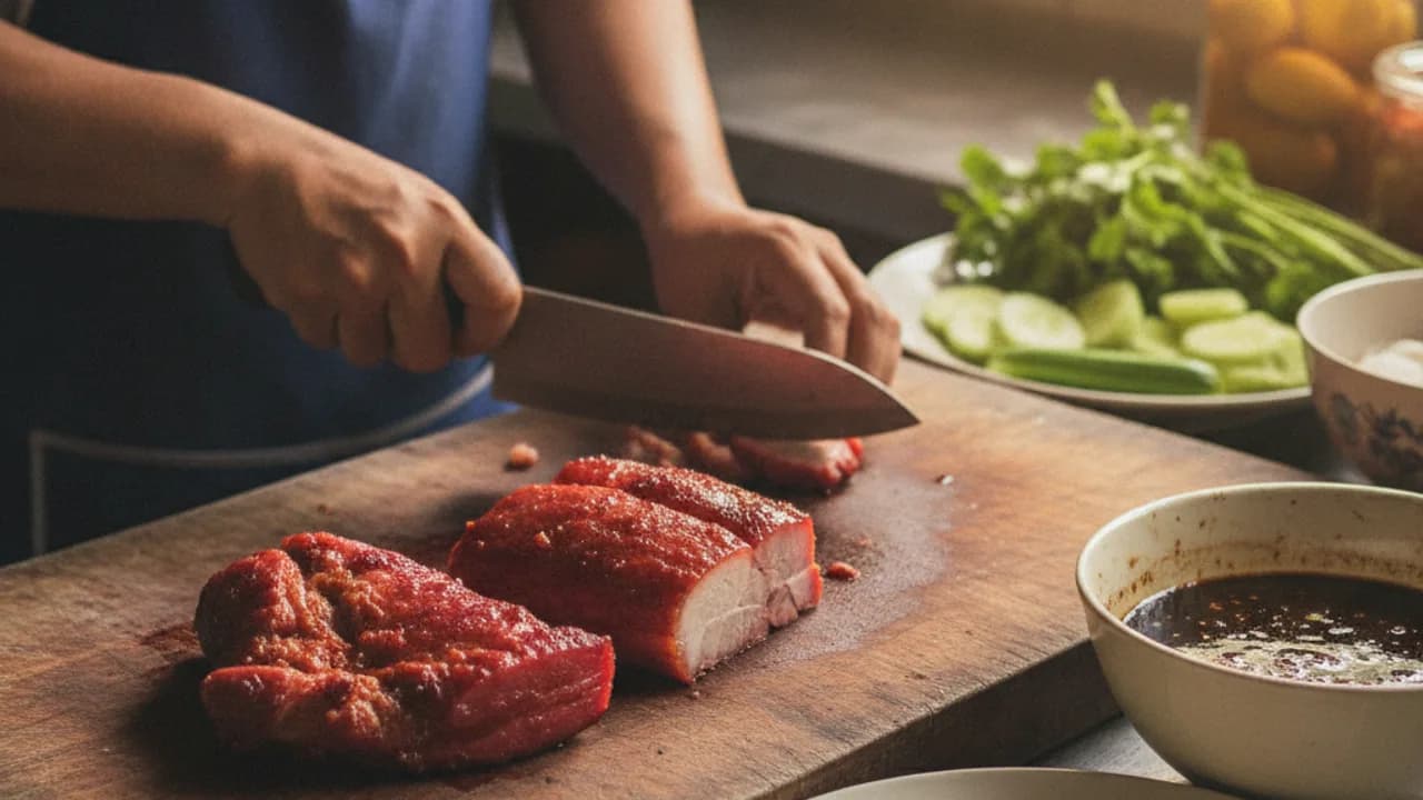 วิธีเลือกหมูทำหมูแดงใช้หมูส่วนไหนสำหรับร้านอาหารและงานขาย หมูสันคอ หมูสามชั้น หมูสะโพกวางบนเขียงในครัวจริง