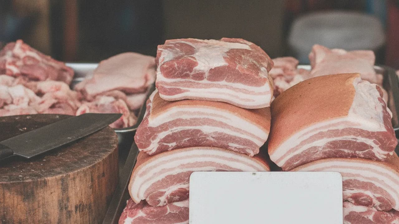 หมูกรอบใช้หมูส่วนไหน ภาพหมูสามชั้นสดที่เห็นชั้นหนัง มัน และเนื้อชัดเจนสำหรับเลือกทำหมูกรอบ