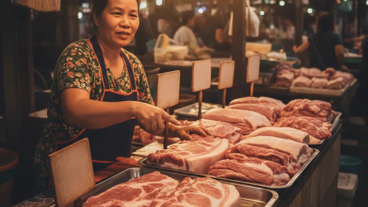 หมูสันคอสำหรับคอหมูย่าง ใช้หมูส่วนไหน วางบนเขียงพร้อมมันแทรกชัดเจน