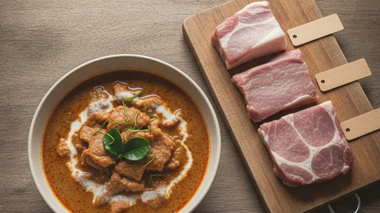พะแนงหมู ใช้หมูส่วนไหน พร้อมภาพการหั่นหมู การผัดพริกแกง และการเคี่ยวพะแนงหมูในกระทะ