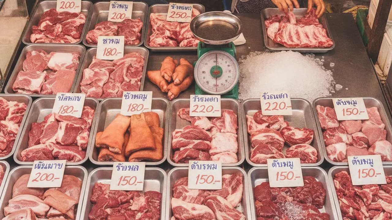 ราคาหมู กก ละกับต้นทุนร้านอาหาร การตัดแต่งหมูและชั่งน้ำหนักวัตถุดิบในครัวร้านอาหารไทย