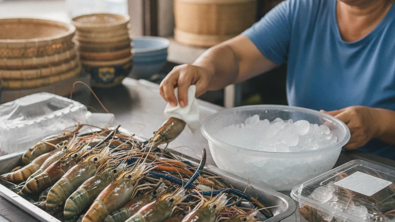 วิธีเก็บกุ้งให้สดเด้งในตู้เย็นด้วยกล่องปิดสนิทและกระดาษซับน้ำ